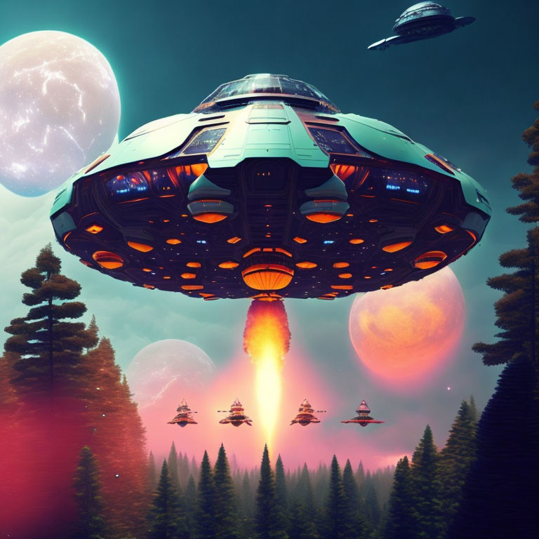 Flying saucers with orange underglow hover over forest with alien planets and teal sky