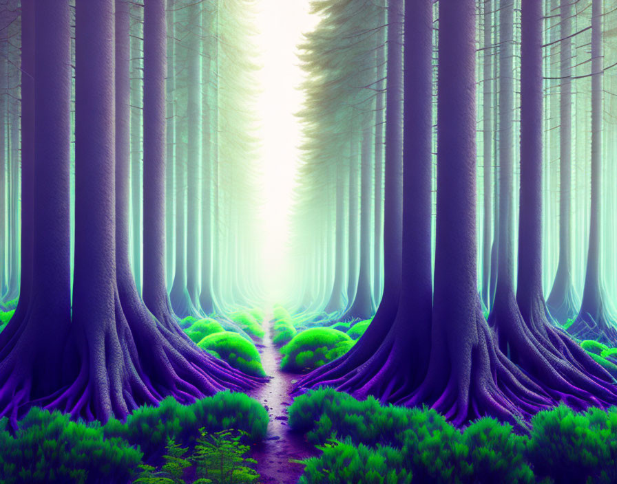 Neon purple tree trunks in a vibrant digital forest