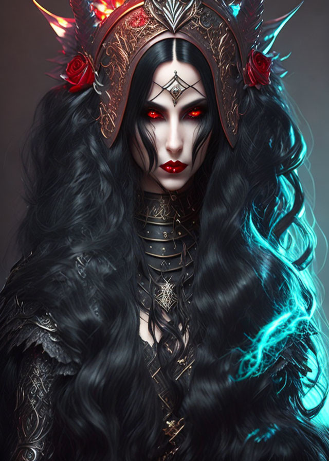 Mystical woman with red eyes, crown, armor, black hair, and blue glow