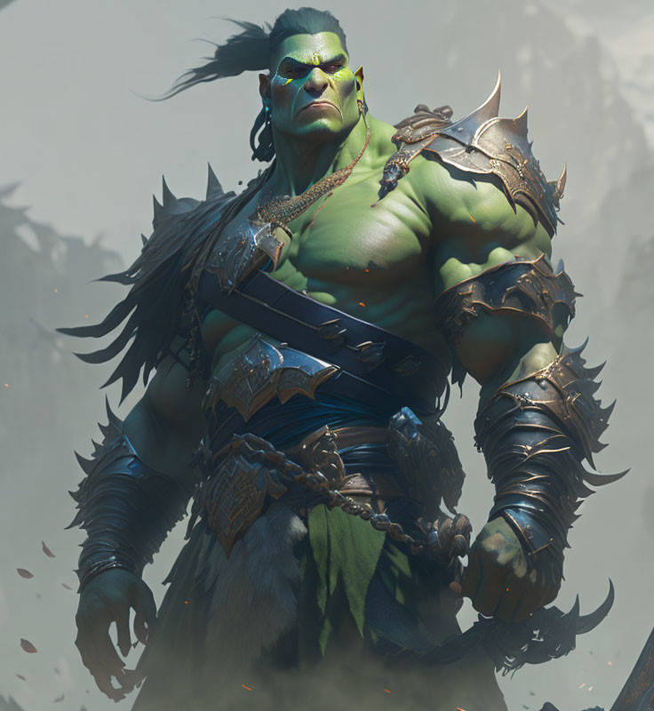 Muscular green-skinned orc in armor and fur cloak with stern expression