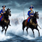 Historical military scene: Uniformed riders on black horses gallop through mist