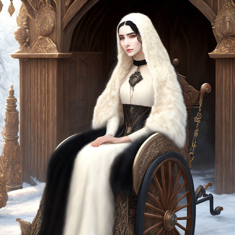 Regal woman in white fur cloak on ornate throne in snowy setting