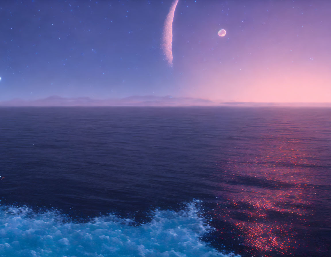 Radiant comet in ethereal nighttime seascape