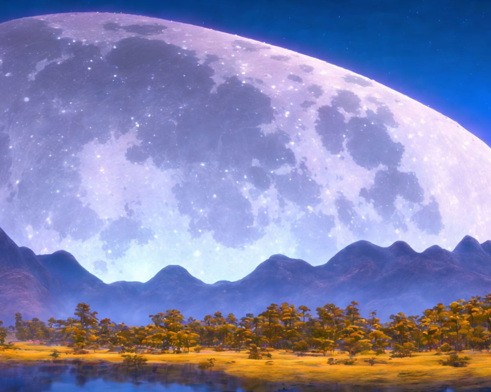 Giant moon over serene landscape with mountains, trees, and lake