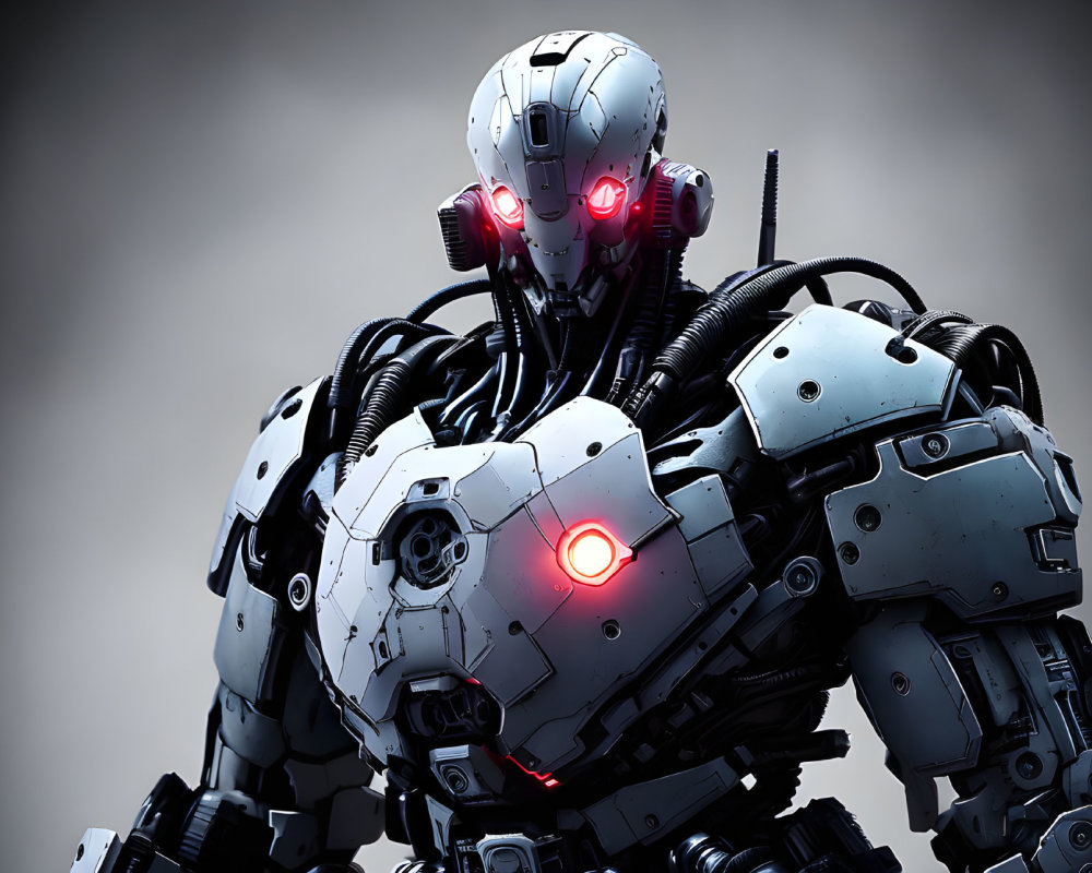 Futuristic Robot with Human-Like Head and Red Glowing Eyes