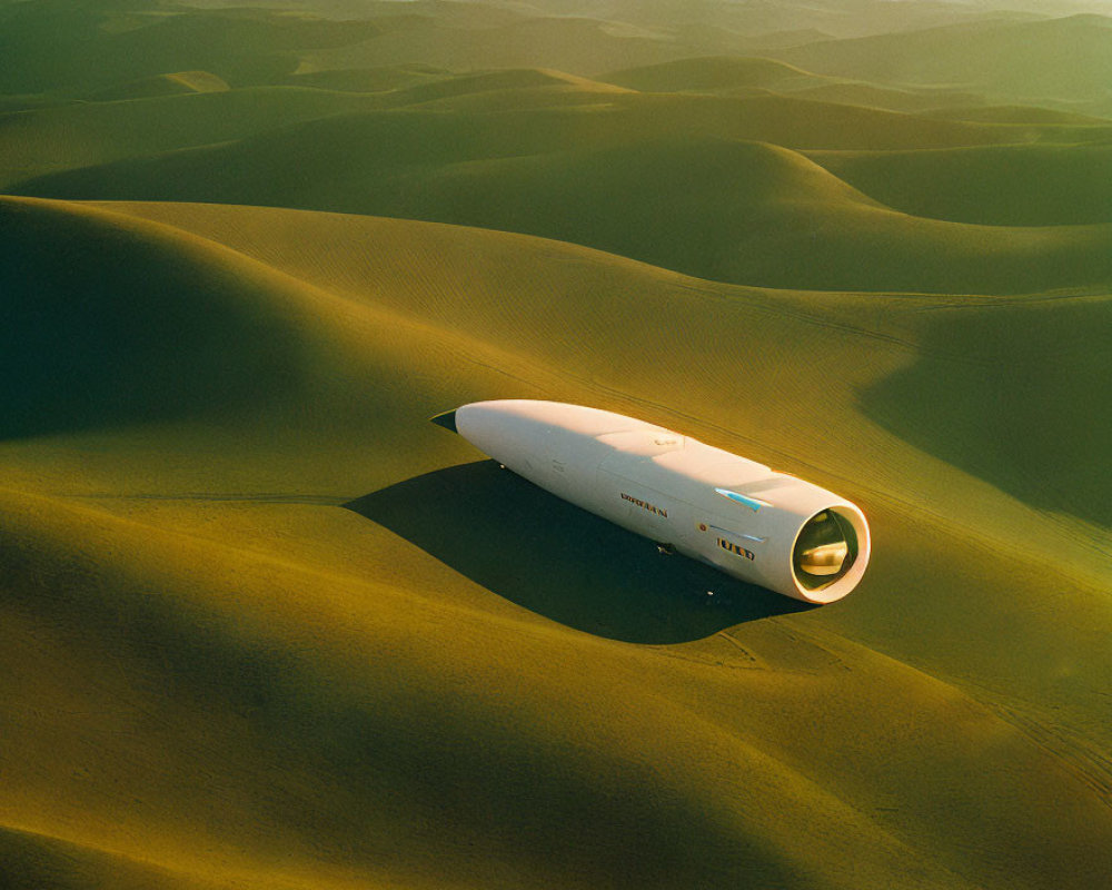 Futuristic white spacecraft with round window lands in desert with golden light
