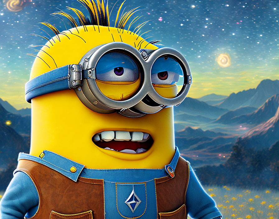 Minion with metal goggles and overalls in cosmic landscape