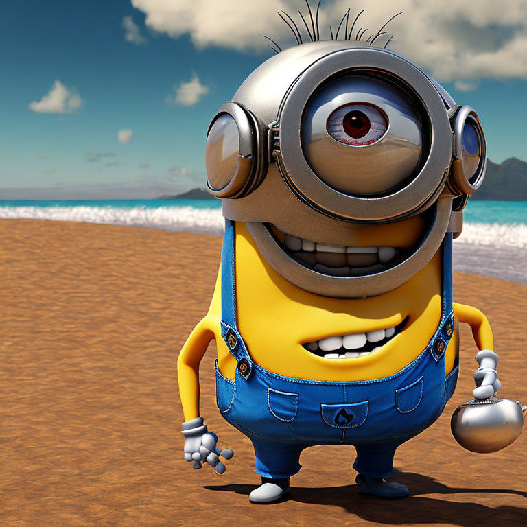 One-eyed 3D animated character in goggles and blue overalls on sandy beach