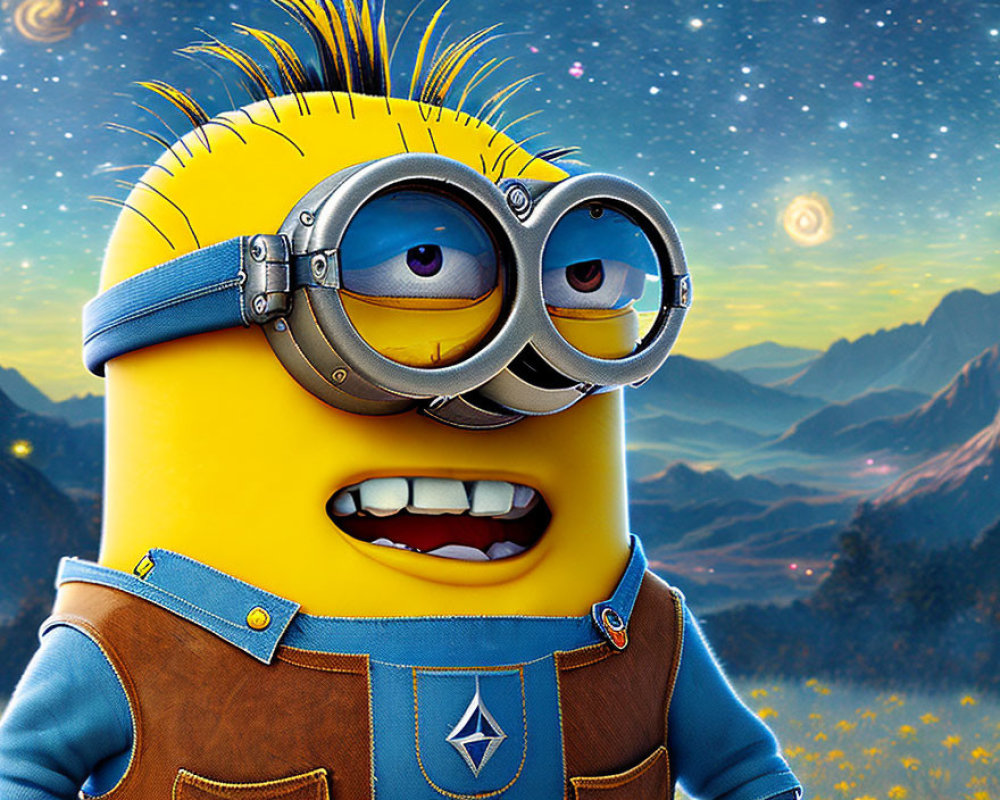 Minion with metal goggles and overalls in cosmic landscape