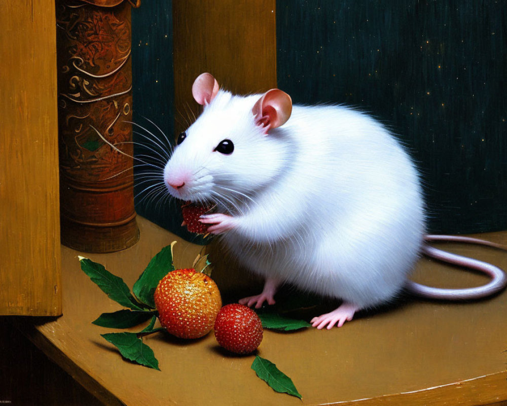 Realistic painting of white rat with strawberries on wooden surface