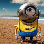 One-eyed 3D animated character in goggles and blue overalls on sandy beach
