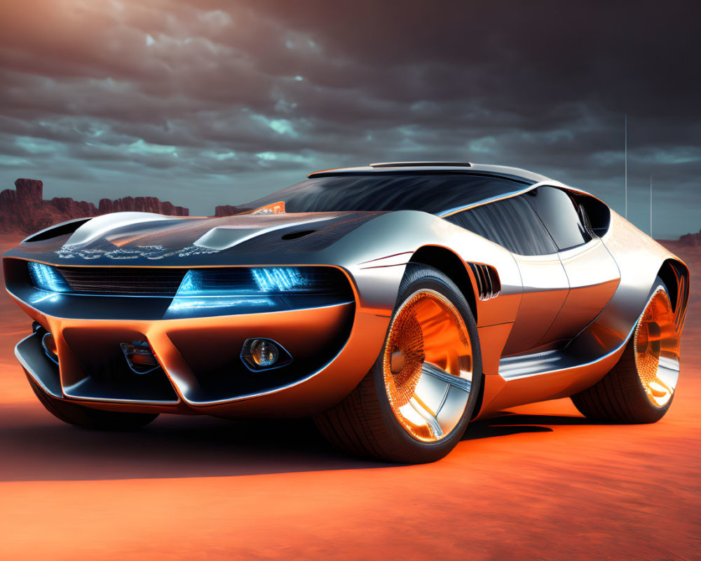 Sleek Orange and Black Sports Car with Glowing Wheels in Desert Dusk