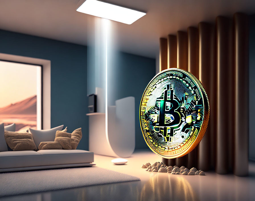 Bitcoin icon illuminated in modern living room with sofa and desert view