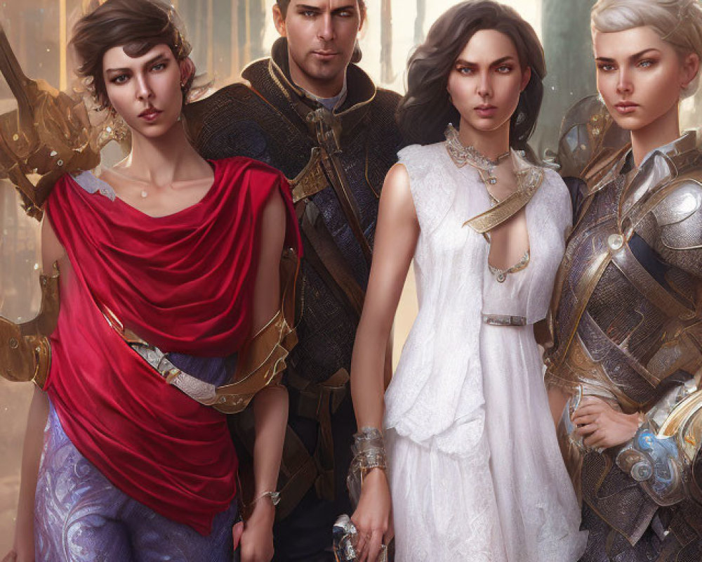 Medieval fantasy characters in armor and drapes with floating orbs