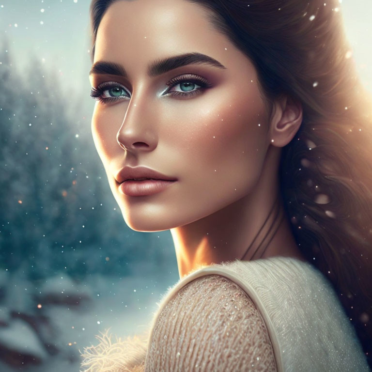 Portrait of woman with green eyes, flawless skin, and brown hair in snowy setting
