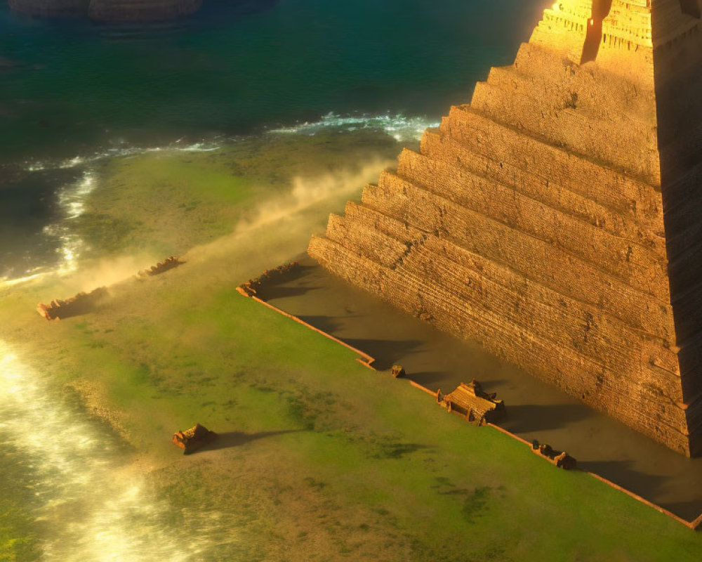 Ancient Egyptian landscape with Great Pyramid and Sphinx near river at sunset