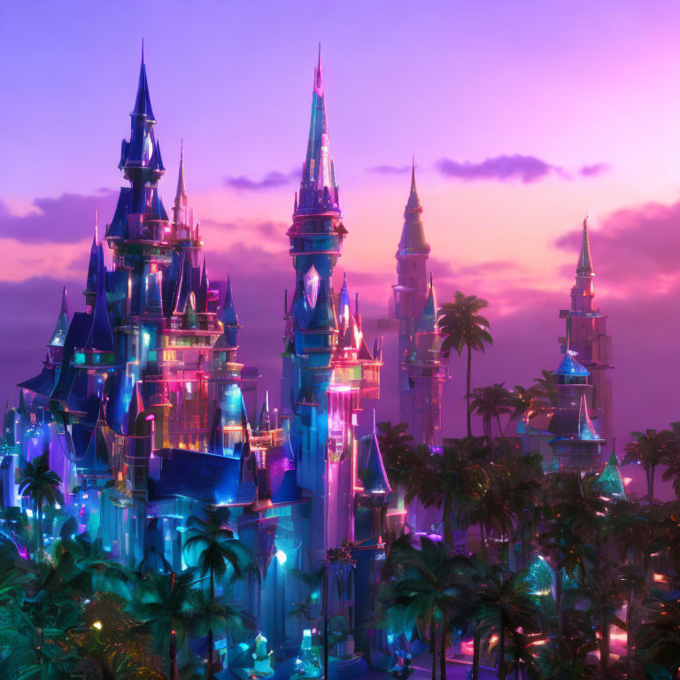 Fairytale castle with glowing spires in purple sunset sky.