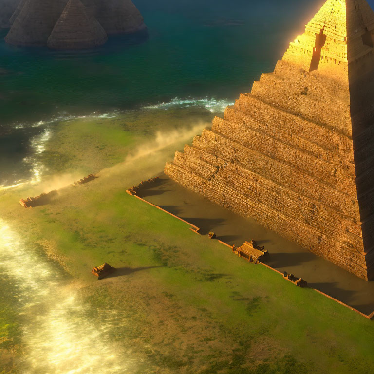 Ancient Egyptian landscape with Great Pyramid and Sphinx near river at sunset