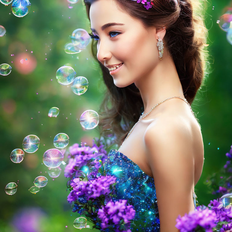 Smiling woman with flowers in hair surrounded by bubbles and purple flowers, green background