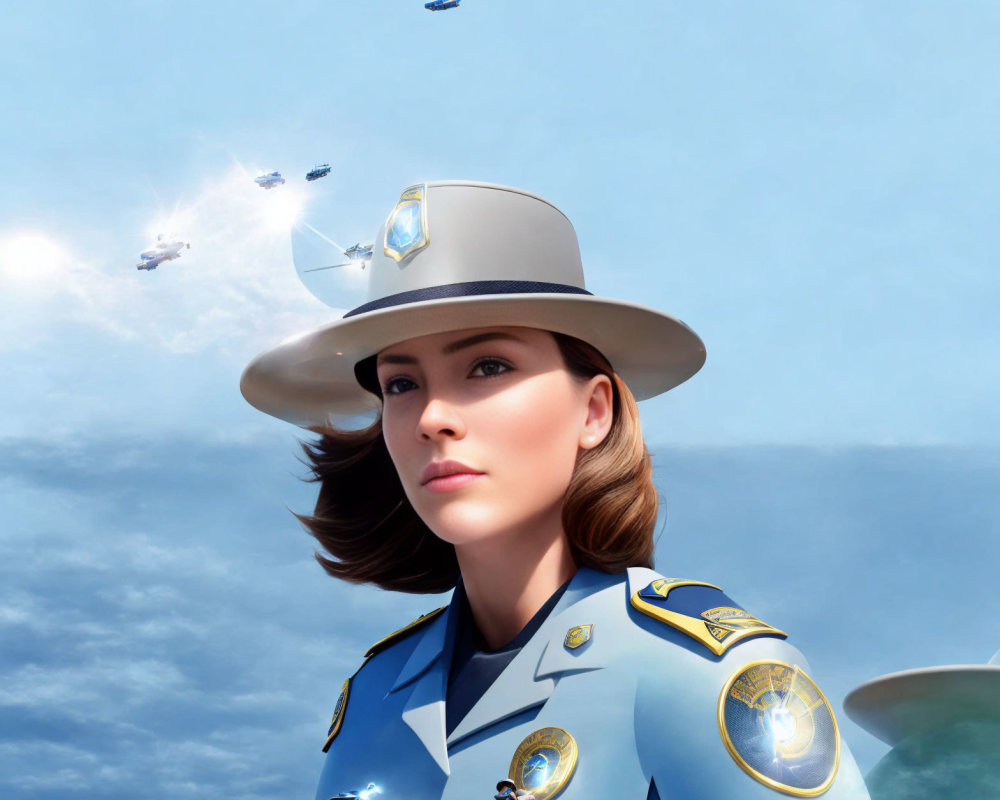 Futuristic digital illustration of a woman in uniform with hat against blue sky