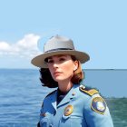 Futuristic digital illustration of a woman in uniform with hat against blue sky