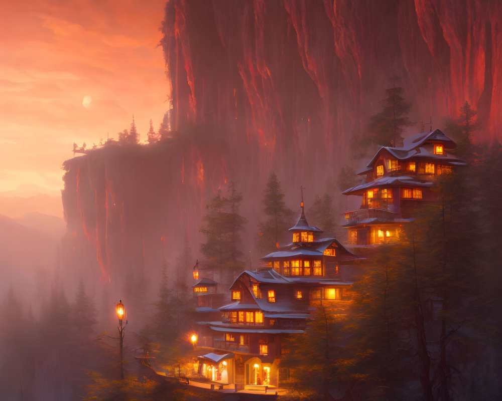 Asian-style buildings on misty cliffside at sunset with warm lights, red cliffs, serene sky