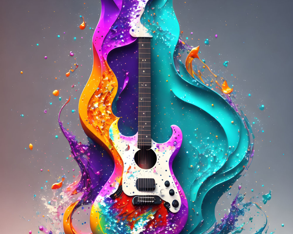 Vibrant paint splashes merge with electric guitar on neutral backdrop