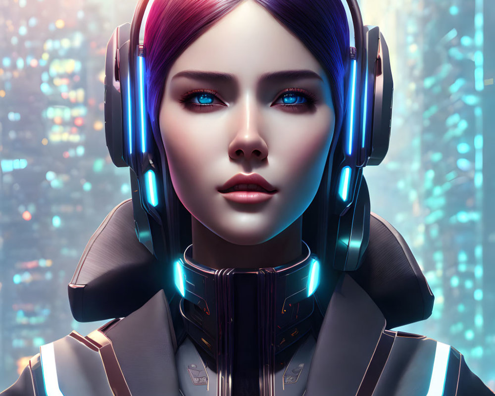 Futuristic woman with blue-purple hair and neon lights in cityscape.