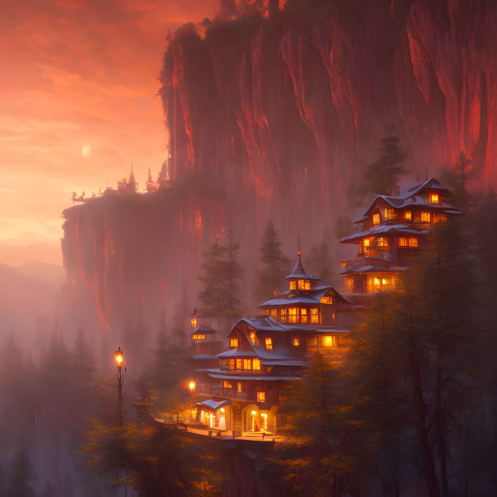 Asian-style buildings on misty cliffside at sunset with warm lights, red cliffs, serene sky