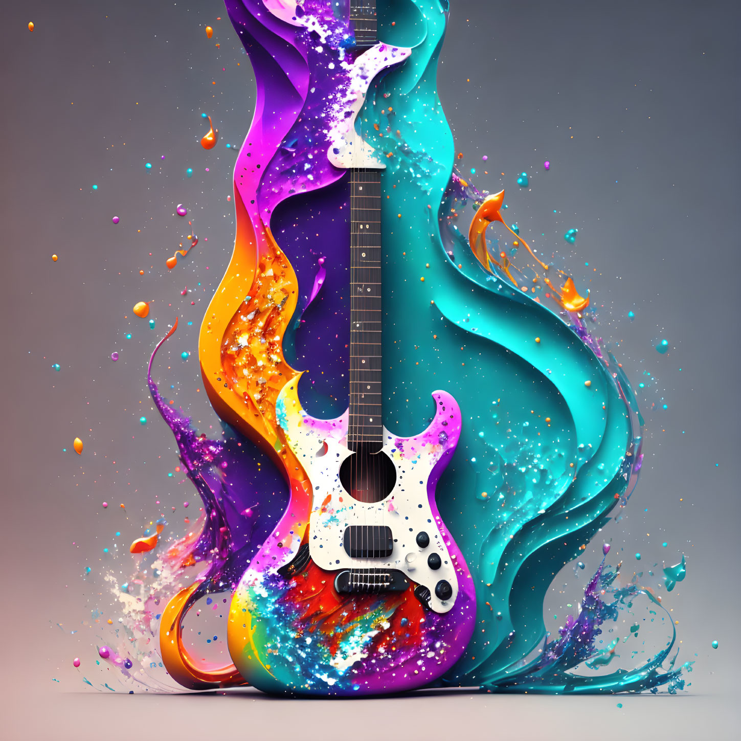 Vibrant paint splashes merge with electric guitar on neutral backdrop