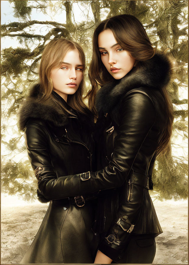 Two women in black leather coats with fur collars posing under pine trees