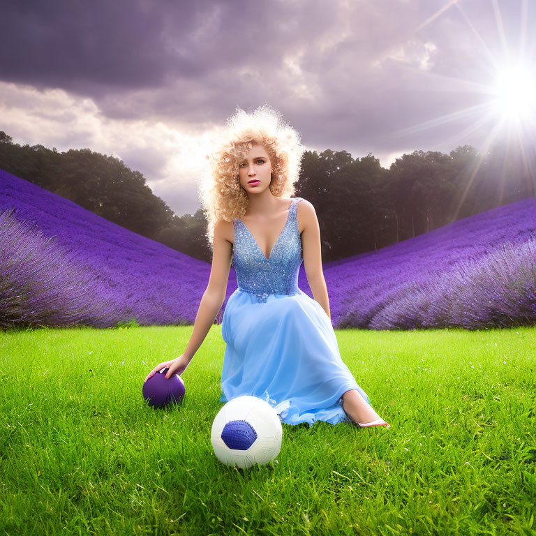 Woman in Blue Dress Kneeling Among Lavender Fields and Soccer Ball