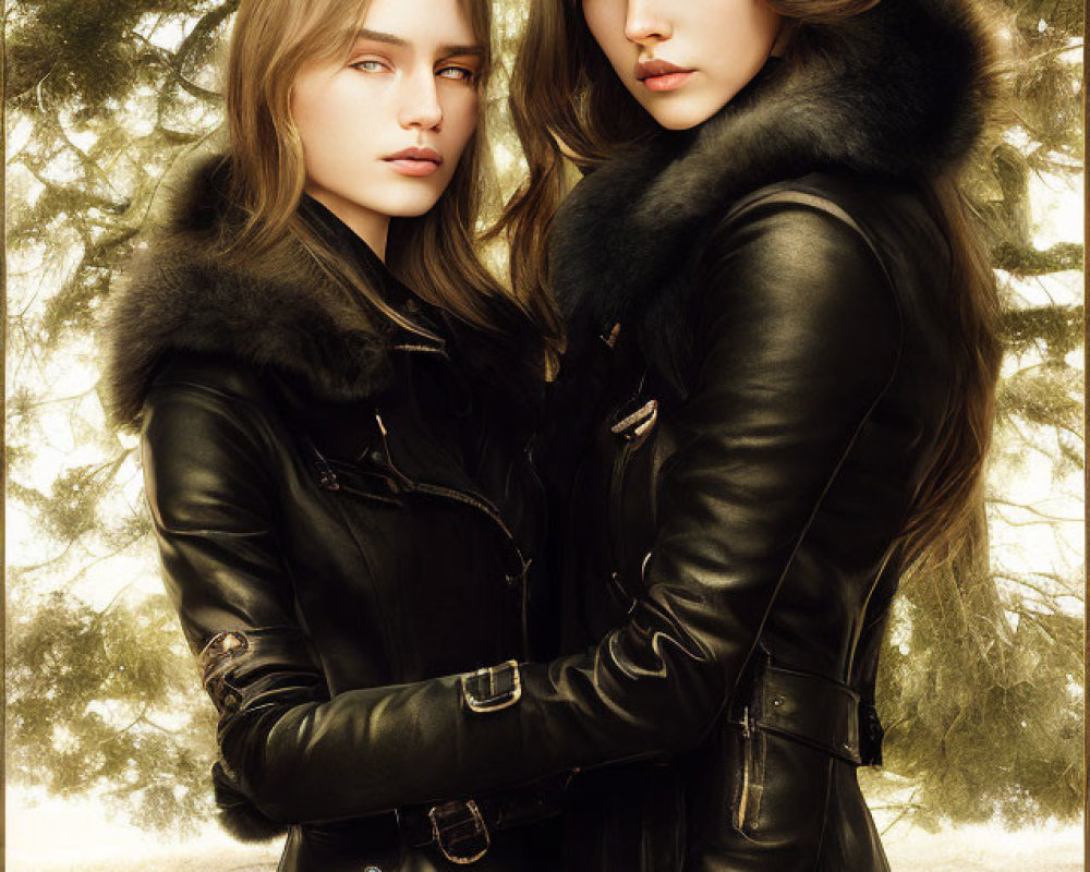 Two women in black leather coats with fur collars posing under pine trees