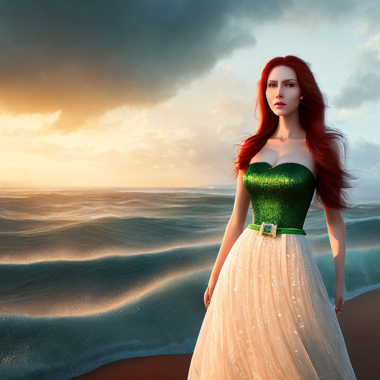Red-haired woman in green and white dress on beach at sunset with ocean waves and dramatic sky