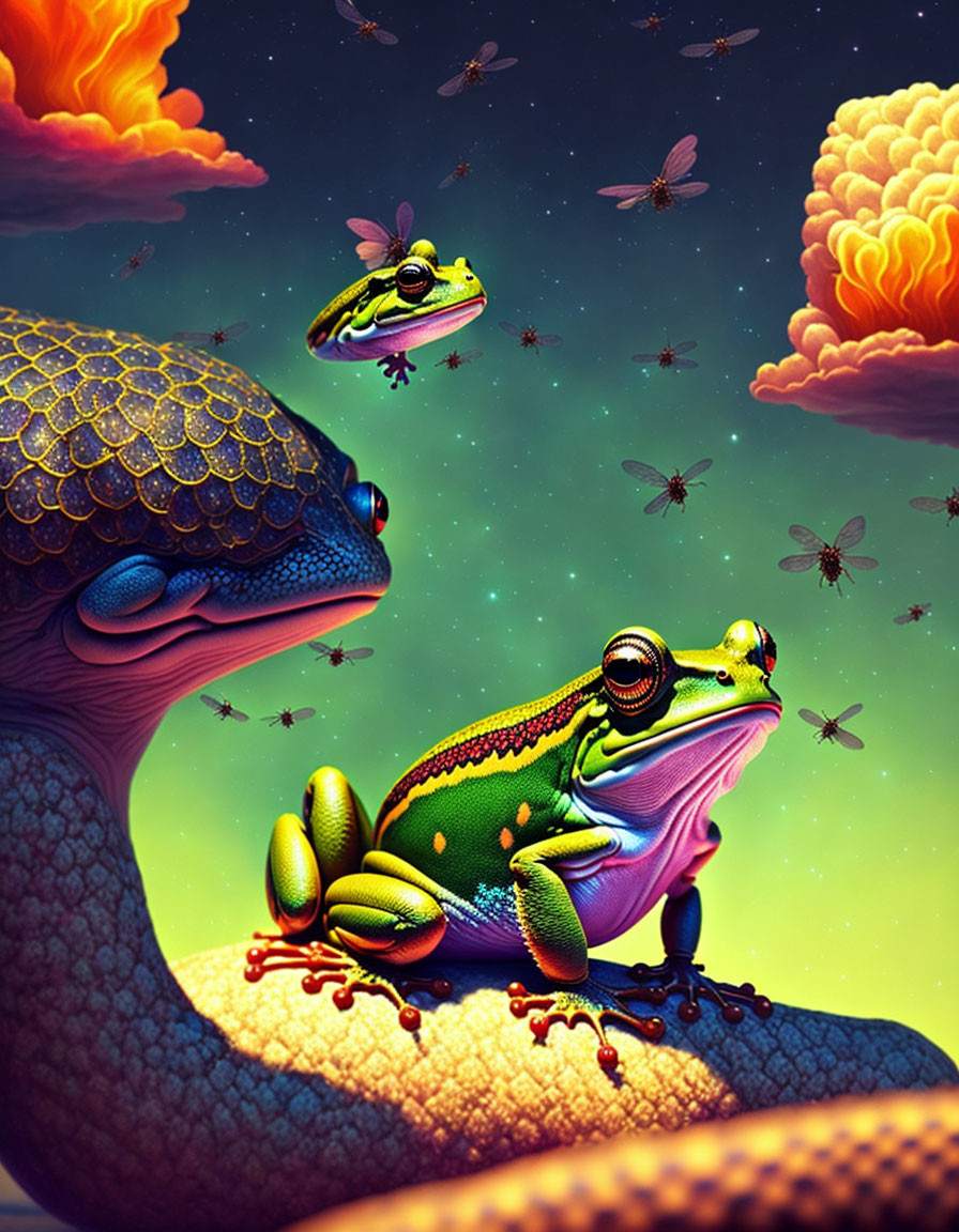 Detailed digital artwork: Large frog rides snake, another frog with bee, fire-like clouds, bees,
