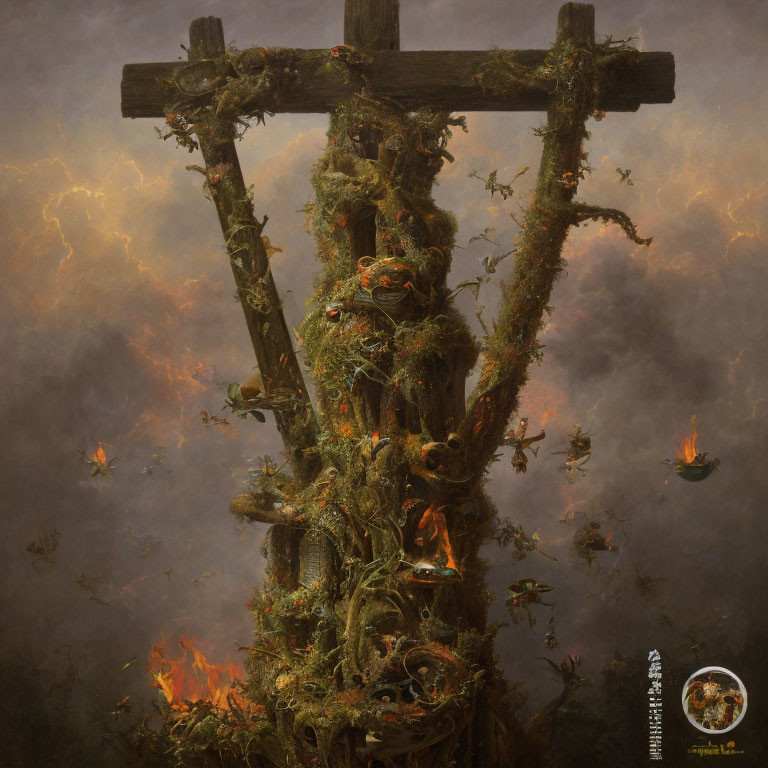Wooden cross surrounded by twisted vines and fires under stormy sky