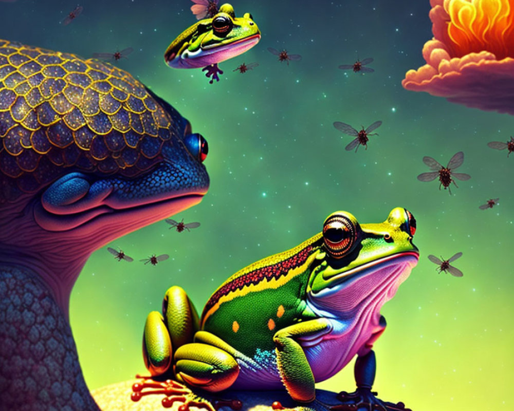 Detailed digital artwork: Large frog rides snake, another frog with bee, fire-like clouds, bees,