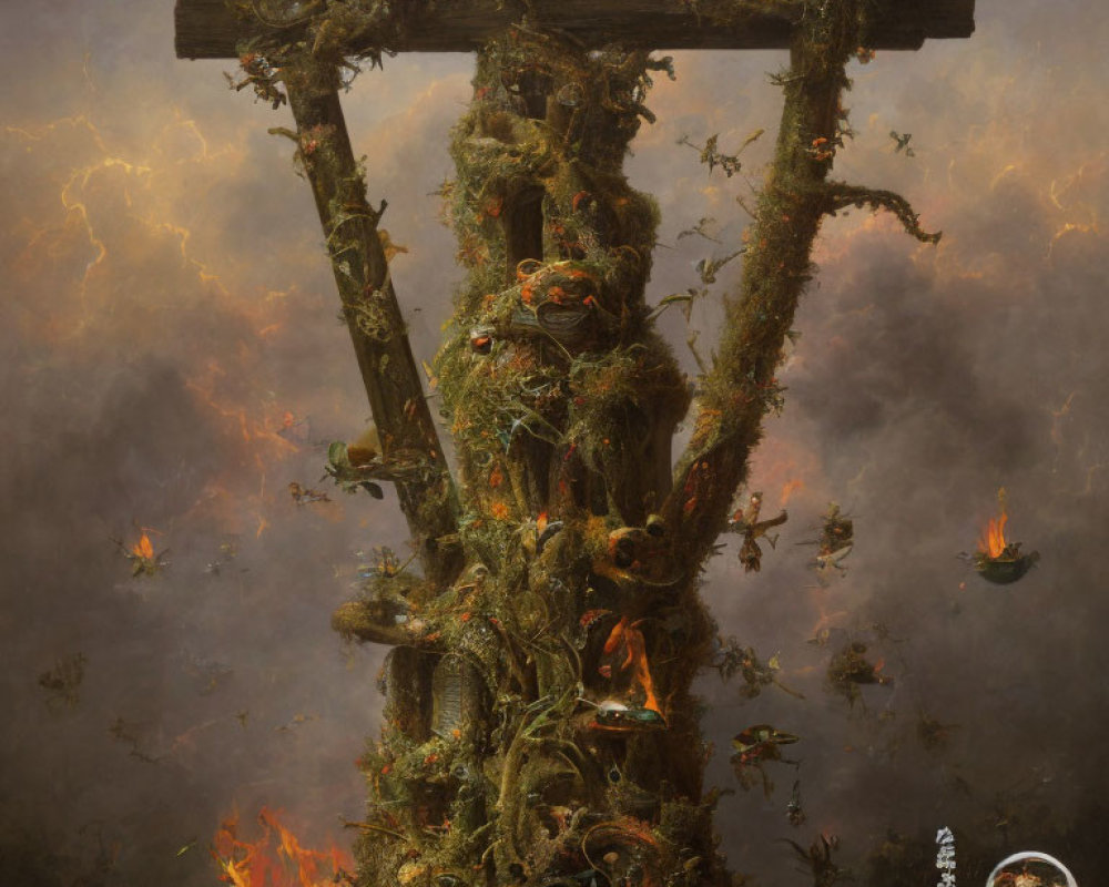 Wooden cross surrounded by twisted vines and fires under stormy sky