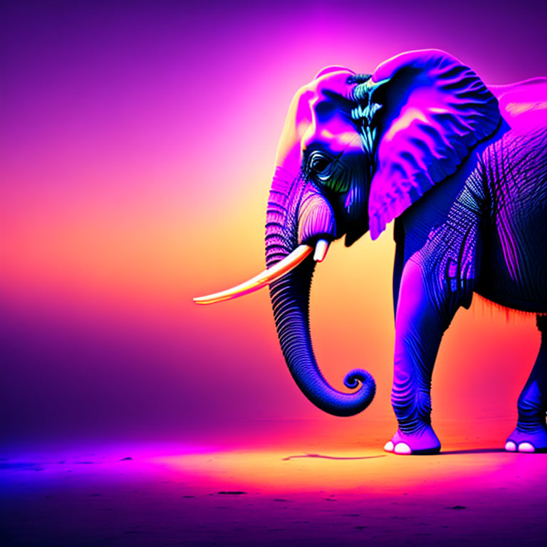 Neon Purple and Blue Elephant Art on Pink Gradient Background