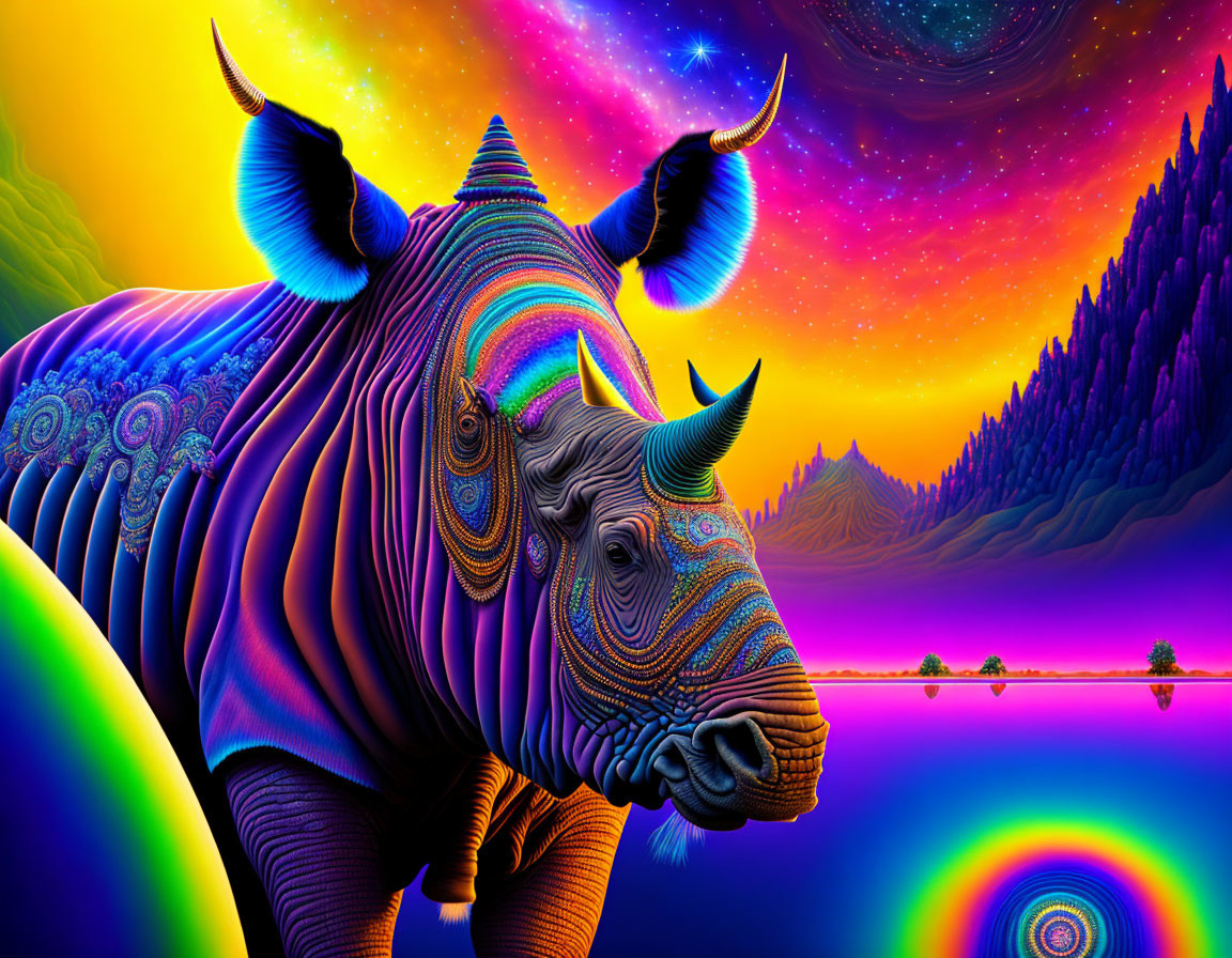 Colorful Psychedelic Rhinoceros in Neon Landscape