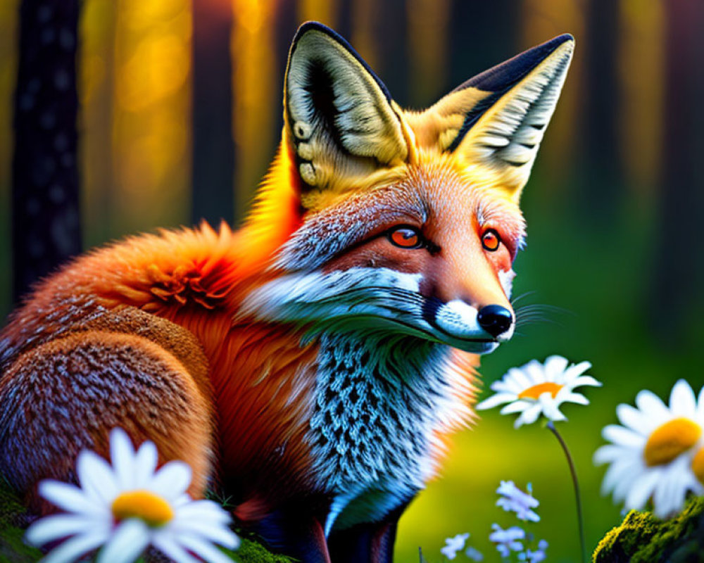 Colorful Fox in Vibrant Forest with Daisies and Sunlight