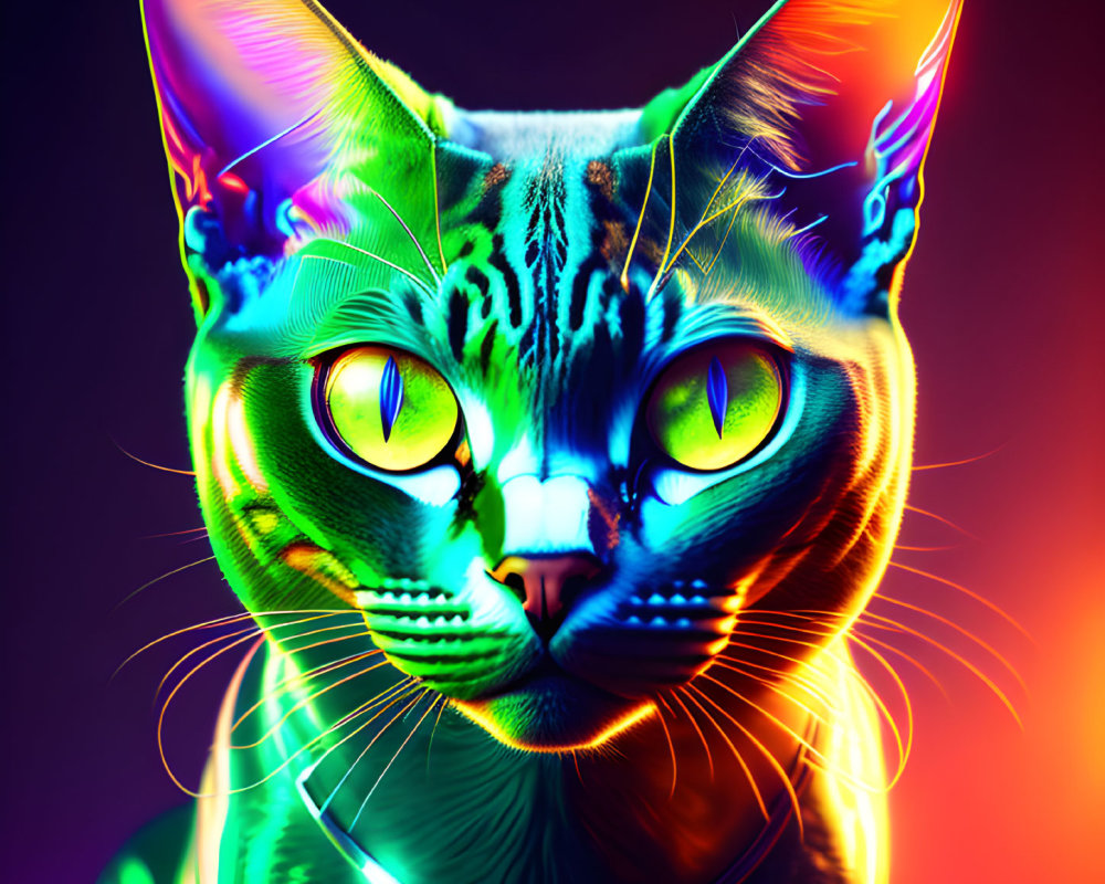 Colorful Neon Digital Artwork of Cat with Intricate Patterns