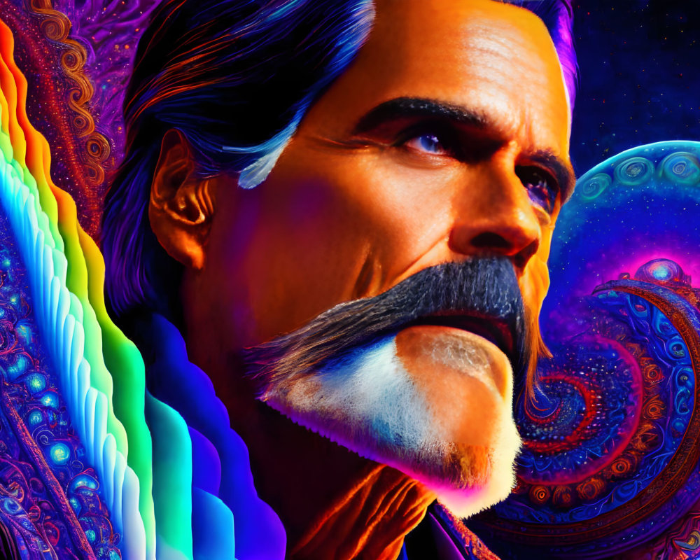 Colorful Psychedelic Portrait of a Man with Mustache and Cosmic Background