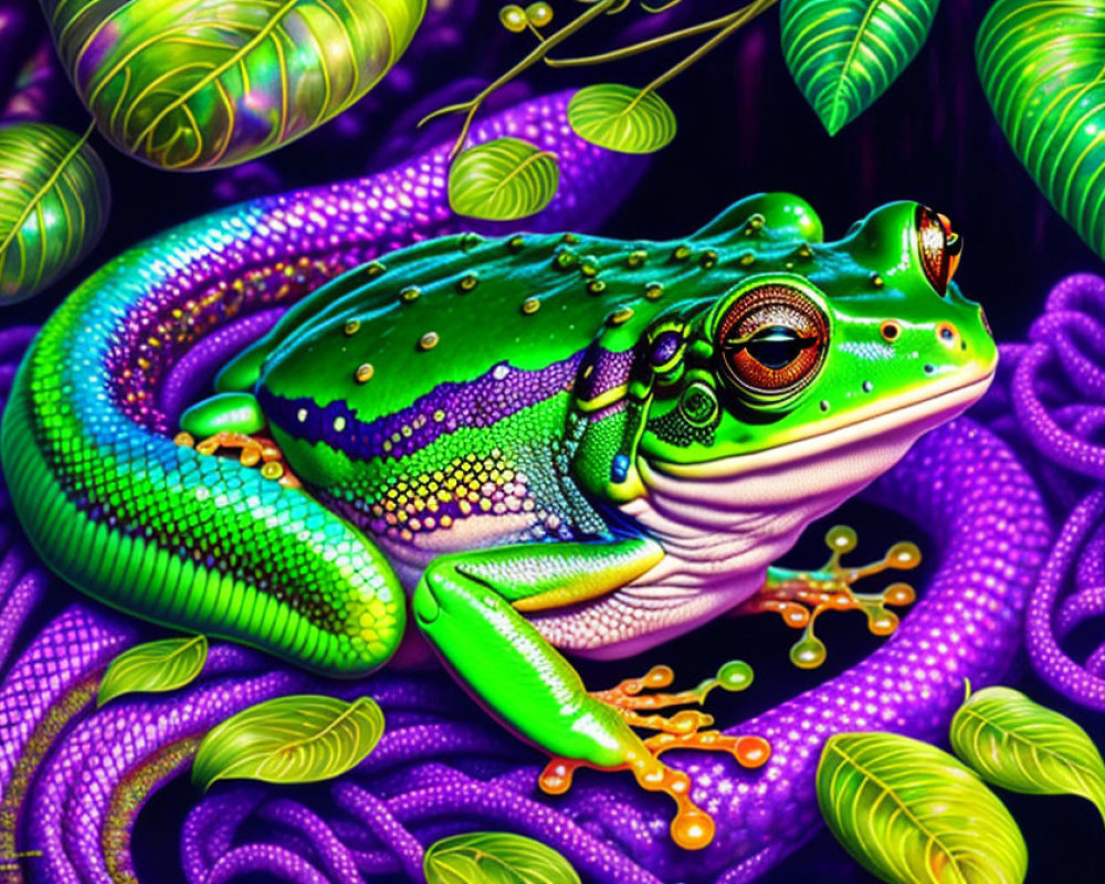 Colorful Green Frog in Purple Foliage with Intricate Patterns