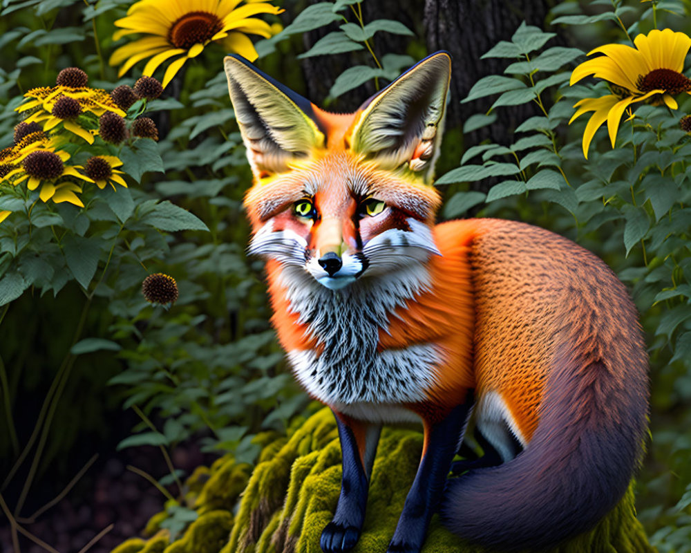 Vivid orange fox in nature setting with sunflowers and trees