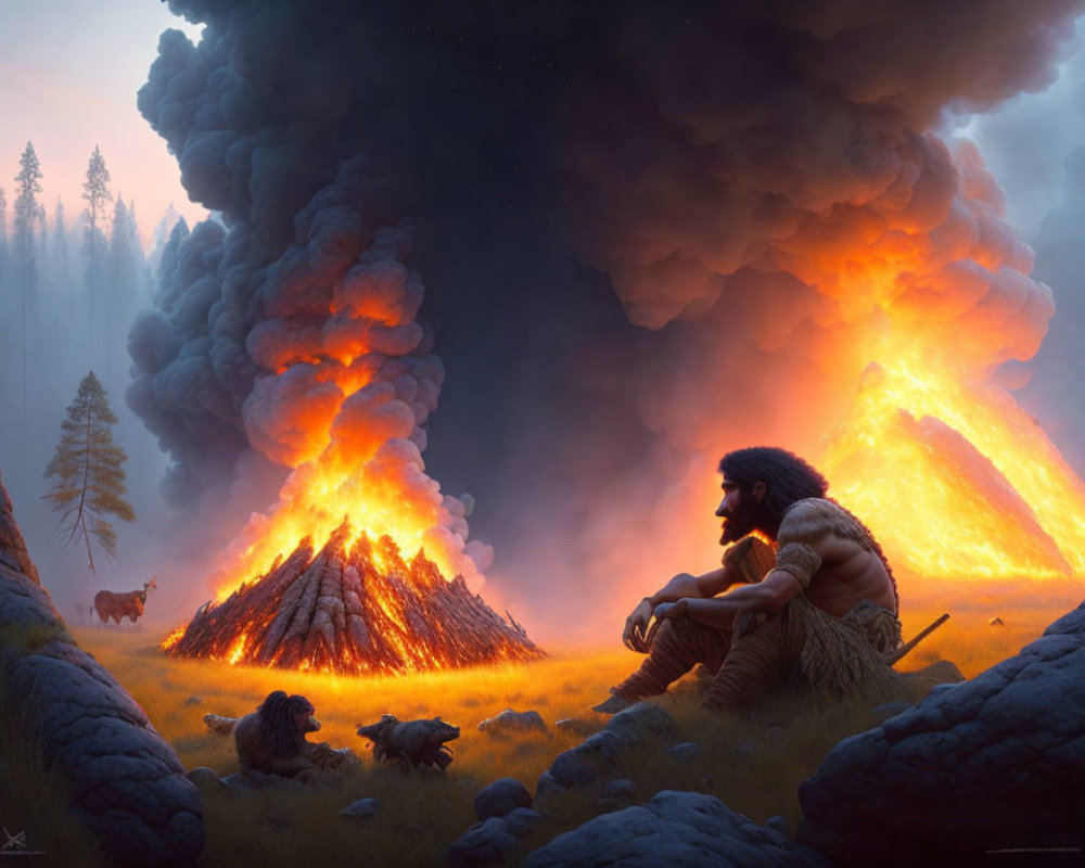 Man sitting by campfire near volcanic eruption in prehistoric landscape