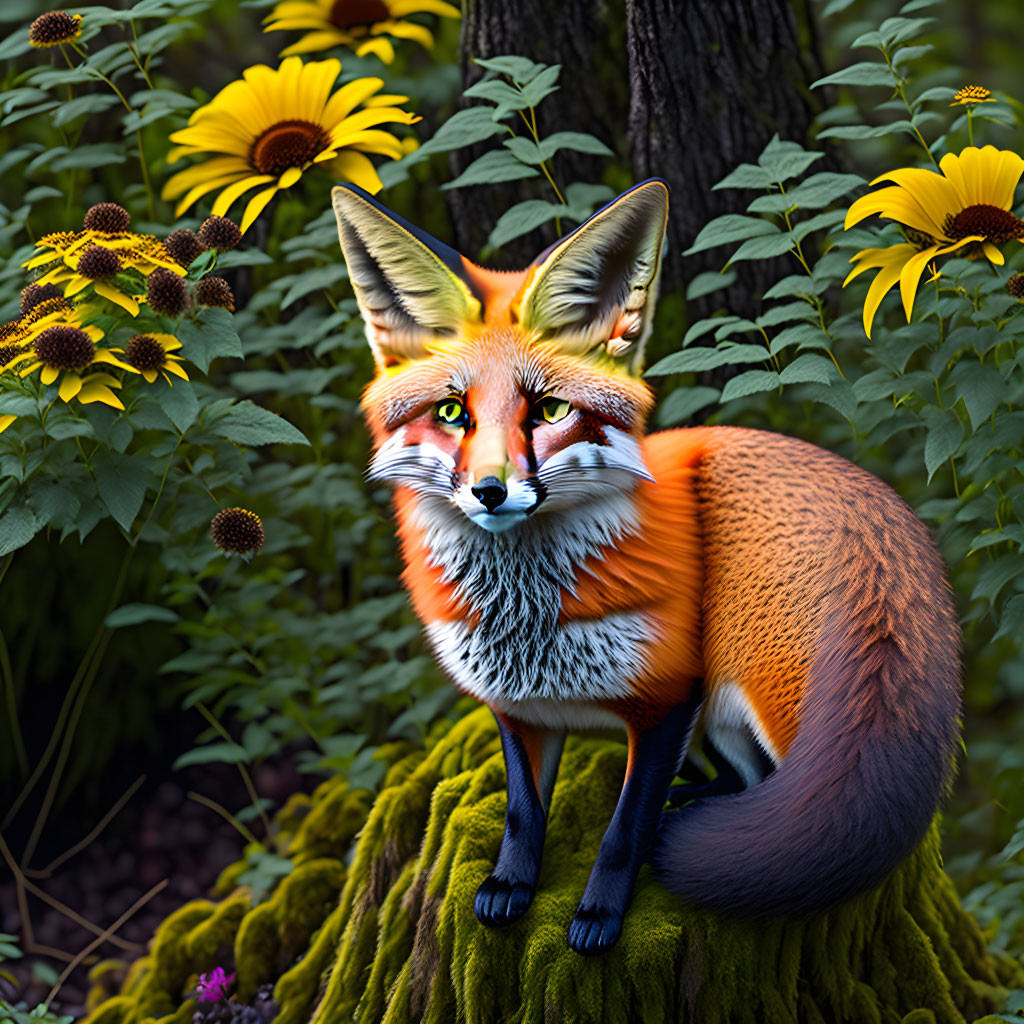 Vivid orange fox in nature setting with sunflowers and trees