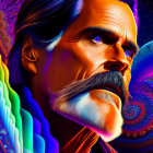 Colorful Psychedelic Portrait of a Man with Mustache and Cosmic Background