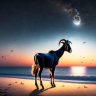 Goats silhouetted against warm orange to dark blue twilight sky.