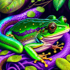 Colorful Green Frog in Purple Foliage with Intricate Patterns
